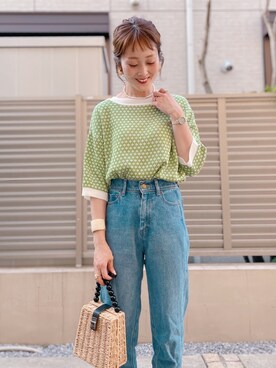 「classicalelf（クラシカルエルフ）の一目惚れ、2wayジャガードニットカーディガン（カーディガン/ボレロ、グリーン系）」を使った、syk***さん（レディース・158cm）の春コーディネート