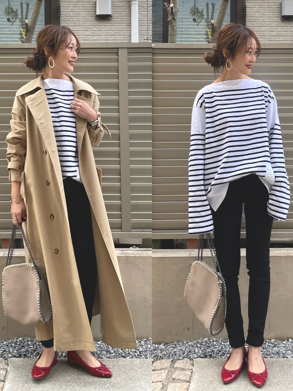 「春カラー、ボーダー、トレンチコート、大人女子、シンプル、春服、パンツスタイル、休日コーデ、大人かわいい、AKTE」｜「BACK NUMBERの【BACK NUMBER】サテンスキニー（その他パンツ、ブラック系）」を使った、syk***さん（レディース・158cm）の冬コーディネートの1枚目の写真