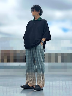 「MAISON SPECIAL（メゾンスペシャル）の《UNISEX》Destroy Damage Prime-Wide Ombre Check Relaxing Pants/デストロイダメージプライムワイドオンブレチェックリラックスパンツ【MAISON SPECIAL/メゾンスペシャル】■セットアップ対応■（その他パンツ、グリーン系）」を使った、HMさん（メンズ・175cm）の秋コーディネート