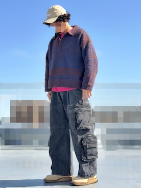 「MAISON SPECIAL（メゾンスペシャル）の《UNISEX》Mix Color Fancy Yarn Prime-Over Skipper Knit Pullover/ミックスカラーファンシーヤーンプライムオーバースキッパーニットプルオーバー【MAISON SPECIAL/メゾンスペシャル】（ニット/セーター、ブラウン系）」を使った、HMさん（メンズ・175cm）の春コーディネート