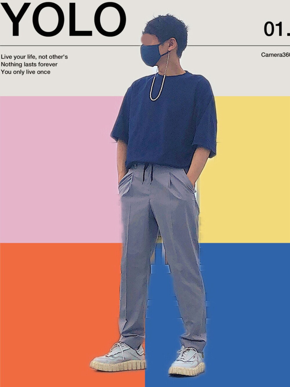 「タックイン、マスクストラップ、白スニーカー、夏コーデ、スラックス」｜「UNIQLOのエアリズムコットンオーバーサイズTシャツ（5分袖）（Tシャツ/カットソー、ブラック系）」を使った、HMさん（メンズ・175cm）の夏コーディネートの1枚目の写真