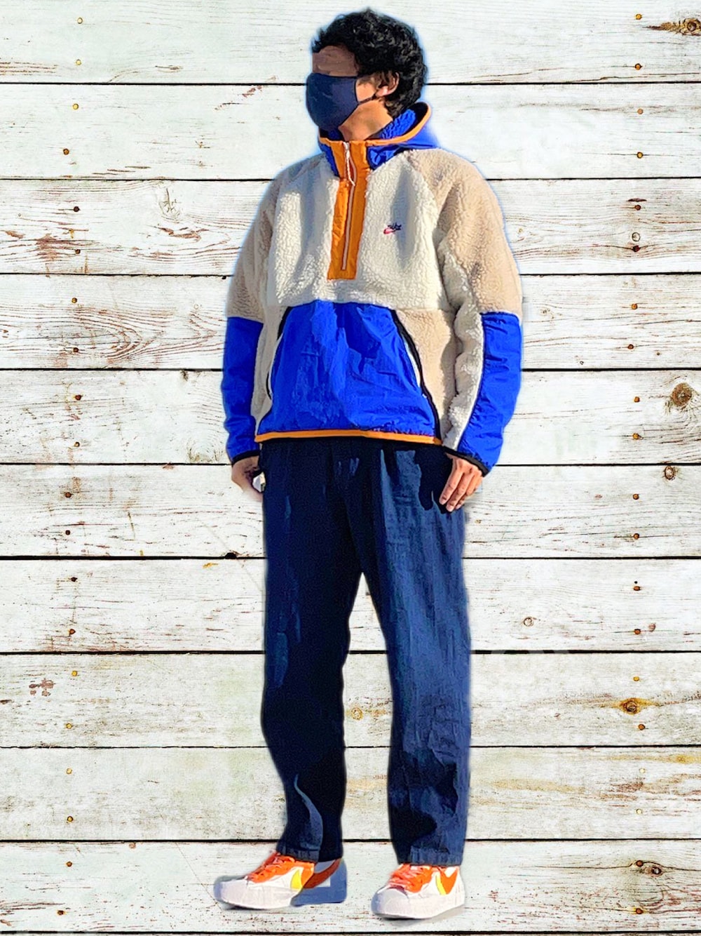 「ボアジャケット、ストリートファッション、オトナカジュアル、スニーカーコーデ、休日コーデ」｜「NIKEのNIKE ナイキ M NSW HE HOODIE HZ WINTER HE ハーフジップフーディ ウィンター BV3767-133 SAIL/GAME ROYAL/DESERT SAND（その他アウター、ベージュ系）」を使った、HMさん（メンズ・175cm）の冬コーディネートの1枚目の写真