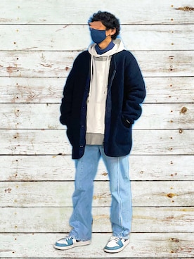 「UNIQLO（ユニクロ）のフリースノーカラーコート（その他アウター）」を使った、HMさん（メンズ・175cm）の冬コーディネート
