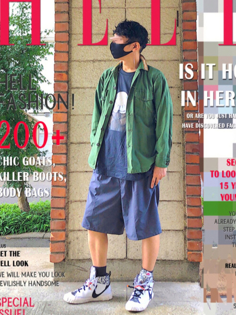 「グリーン、ショートパンツ、UNIQLO、ハーフパンツ、ハイカットスニーカー、プリントT、ラブアンドピース2021」｜「UNIQLOのアイテム（Tシャツ/カットソー、グレー系）」を使った、HMさん（メンズ・175cm）の秋コーディネートの1枚目の写真