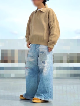 「MAISON SPECIAL（メゾンスペシャル）の《UNISEX》Trompel'oeil Remake Denim Print Wide Baggy Pants/トロンプルイユリメイクデニムプリントワイドバギーパンツ【MAISON SPECIAL/メゾンスペシャル】（デニムパンツ、ブルー系）」を使った、HMさん（メンズ・175cm）の春コーディネート