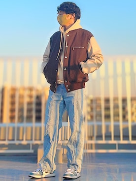 「アイテム（スタジャン、ブラウン系）」を使った、HMさん（メンズ・175cm）の冬コーディネート