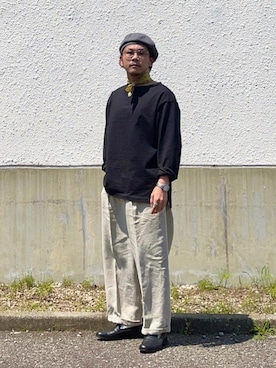 「バスクシャツ」｜「アイテム（ハンチング/ベレー帽）」を使った、にっしゃんさん（メンズ・168cm）の春コーディネート