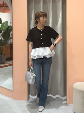 「natural couture（ナチュラルクチュール）のソフトダンボールドッキングペプラムTOPS（Tシャツ/カットソー、ブラック系）」を使った、あゆこさん（レディース・158cm）の夏コーディネート