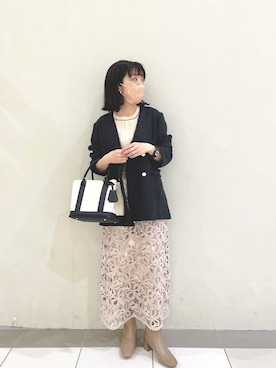 「レーススカート」｜「アイテム（ノーカラージャケット）」を使った、あゆこさん（レディース・158cm）の冬コーディネート