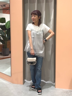「natural couture（ナチュラルクチュール）のアシメサテンレースドッキングT（Tシャツ/カットソー、グレー系）」を使った、あゆこさん（レディース・158cm）の春コーディネート