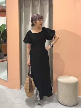 「natural couture（ナチュラルクチュール）の〈mizu〉後ろねじりふくれジャガードワンピース（ワンピース、ブラック系）」を使った、あゆこさん（レディース・158cm）の夏コーディネート