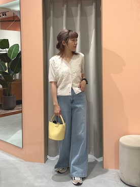 「natural couture（ナチュラルクチュール）のフラワーチュールニット（ニット/セーター、ホワイト系）」を使った、あゆこさん（レディース・158cm）の夏コーディネート
