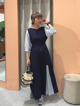 「natural couture（ナチュラルクチュール）の〈ちょっちゃん企画〉きれいめポンチ×ストライプワンピース（ワンピース、ブルー系）」を使った、あゆこさん（レディース・158cm）の夏コーディネート