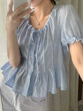 「Girly Doll（ガーリードール）のパフスリーブギャザーリボンブラウス（Tシャツ/カットソー、ブルー系）」を使った、douladoulaさん（レディース・162cm）の夏コーディネート