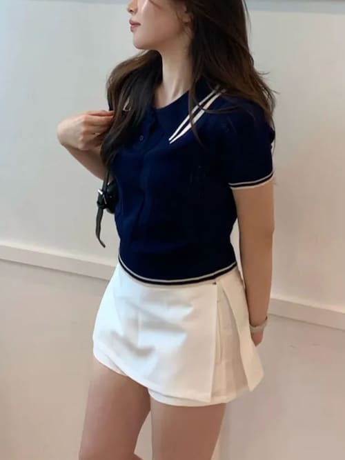 配色ライン半袖ポロニット