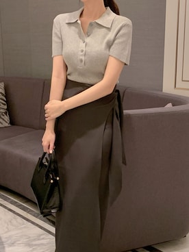 「Girly Doll（ガーリードール）のポロカラー半袖リブニット（ニット/セーター、グレー系）」を使った、douladoulaさん（レディース・162cm）の春コーディネート