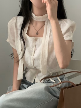 「Girly Doll（ガーリードール）のスクエアネック タイ付き半袖ブラウス（シャツ/ブラウス、ベージュ系）」を使った、douladoulaさん（レディース・162cm）の夏コーディネート