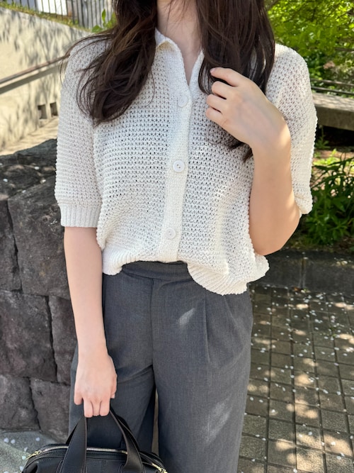 Girly Doll カーディガン 襟付きワッフル半袖ニットカーディガン