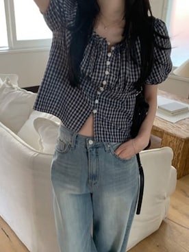「Girly Doll（ガーリードール）のチェック柄パフスリーブブラウス（シャツ/ブラウス、ブルー系）」を使った、douladoulaさん（レディース・162cm）の夏コーディネート