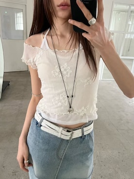 「Doula Doula（ドゥーラドゥーラ）の刺繍入りオフショルシアートップス&インナーキャミソールセット（Tシャツ/カットソー、ホワイト系）」を使った、douladoulaさん（レディース・162cm）の夏コーディネート