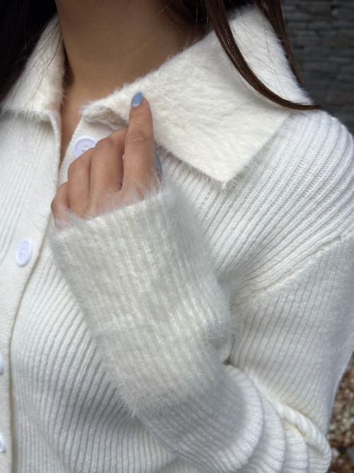 ファー切り替え襟付きリブニットカーディガン