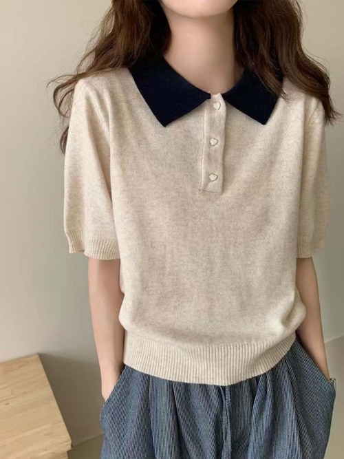 今季モデル❤️PING ❤️新品未使用❤️半袖ニット　Lサイズ キラキラシルバー Girly Doll ニット セーター 配色ポロカラー半袖ニット レディース