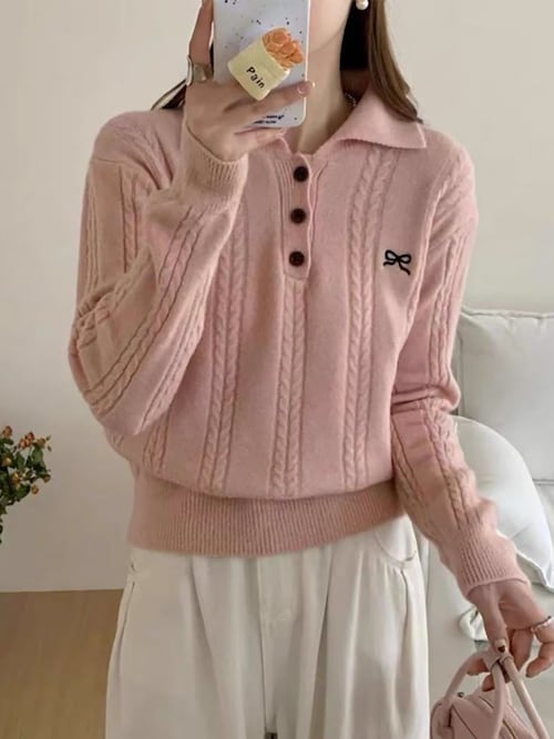 ポロカラーリボン刺繍ケーブルニット(ニット/セーター)|Girly ポロカラーリボン刺繍ケーブルニット(ニット/セーター)|Girly