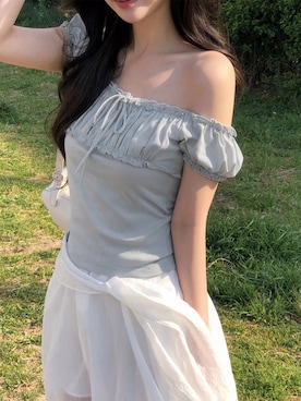 「Girly Doll（ガーリードール）のパフスリフロントリボンギャザーカットソー（Tシャツ/カットソー、ブルー系）」を使った、douladoulaさん（レディース・162cm）の夏コーディネート