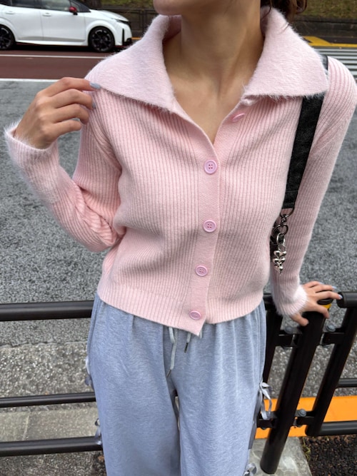 ファー切り替え襟付きリブニットカーディガン