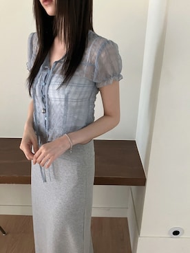 「Girly Doll（ガーリードール）のチェックシアーパフスリブラウス（その他トップス、ブルー系）」を使った、douladoulaさん（レディース・162cm）の夏コーディネート