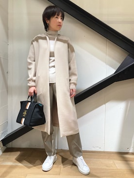 「フェイクレザー」｜「アイテム（ノーカラーコート）」を使った、funayamaさん（レディース・163cm）の秋コーディネート
