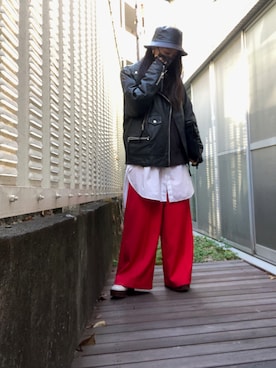 「レッド」｜「アイテム（ライダースジャケット）」を使った、kana9さん（レディース・157cm）の冬コーディネート