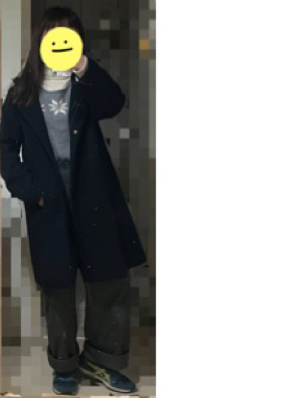 「寒い、コート、ootd、セーター、防寒」｜「GLOBAL WORKの軽やかストレッチ2WAYコート/834465（その他アウター、ブルー系）」を使った、セン🇹🇼さん（レディース・154cm）の冬コーディネートの1枚目の写真