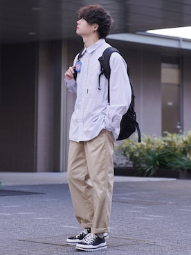 「WEGO（ウィゴー）のWEGO/ワイドシェフパンツ（チノパンツ）」を使った、ゆーすけさん（メンズ・165cm）の春コーディネート