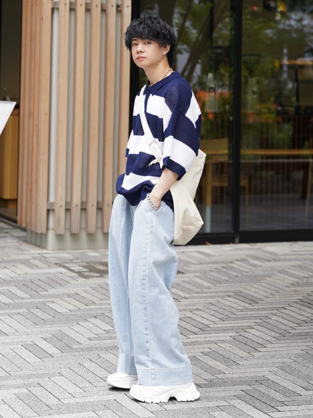ゆーすけさんの「BORDER MESH POLO SHIRT / ボーダーメッシュポロシャツ（ONCILY）」を使ったコーディネートの1枚目の写真