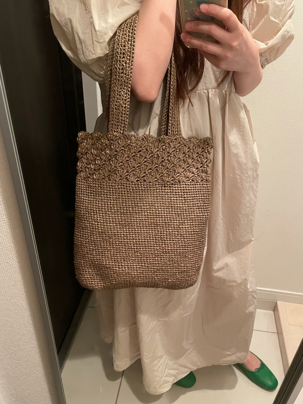 「ワンピース、ハンドメイド、ZARA、ponpon」｜「ponponのアイテム（ワンピース、ベージュ系）」を使った、Yuさん（レディース・161cm）の夏コーディネートの1枚目の写真