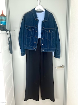 「GU（ジーユー）のソフトシアークルーネックT(長袖)（Tシャツ/カットソー、ブルー系）」を使った、和瀬凛さん（レディース・157cm）の夏コーディネート