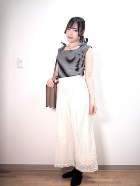 「NATURAL BEAUTY BASIC（ナチュラルビューティーベーシック）のショルダーリボンボーダートップス（T Shirts、ブルー系）」を使った、和瀬凛さん（レディース・157cm）の夏コーディネート