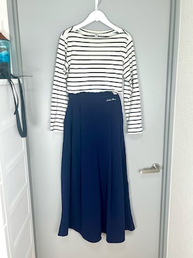 「UNIQLO（ユニクロ）のボーダーボートネックT（長袖）（Tシャツ/カットソー、ホワイト系）」を使った、和瀬凛さん（レディース・157cm）の夏コーディネート