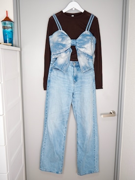 「CALNAMUR（カルナムール）のGLITTER DENIM RIBBON BUSTIER/グリッターデニムリボンビスチェ【セットアップ着用可】（シャツ/ブラウス、ブルー系）」を使った、和瀬凛さん（レディース・157cm）の夏コーディネート