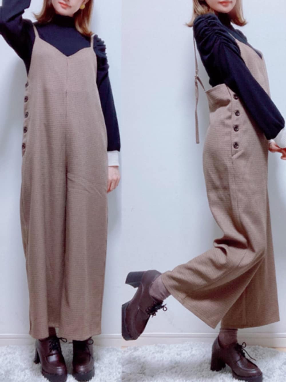 「サロペット、しまむら、チェックパンツ、しまむらコーデ、ガンクラブチェック、プチプラのあや、プチプラのあや×しまむら、ディアフル、dear.ful」｜「しまむらのアイテム（オールインワン・サロペット、ブラウン系）」を使った、Yukko.☃︎さん（レディース・160cm）の秋コーディネートの1枚目の写真