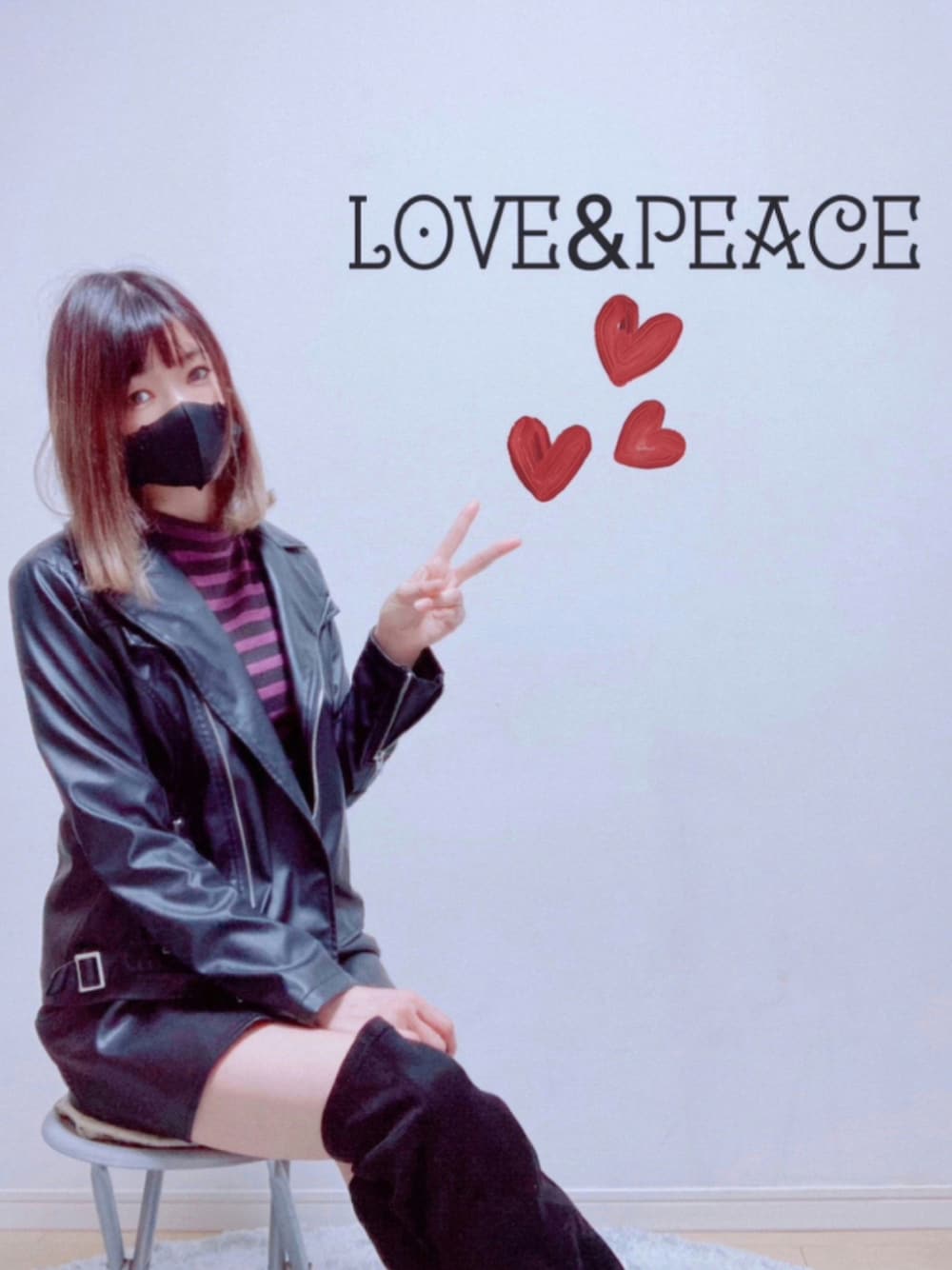 「ミニスカート、レザースカート、ニーハイブーツ、GRL、ボーダーTシャツ、ラブアンドピース2021、秋のライダース祭り」｜「IMAGE COLLECTIONのアイテム（ジャケット/アウター、ブラック系）」を使った、Yukko.☃︎さん（レディース・160cm）の秋コーディネートの1枚目の写真