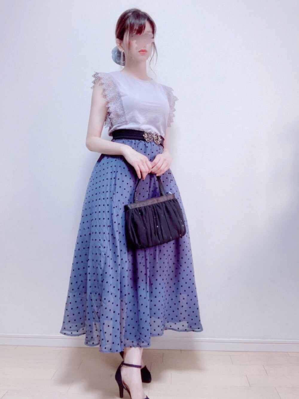 「ガーリー、大人ガーリー、フェミニン、ドット柄スカート、チュールスカート、GU、GRL」｜「GUのアイテム（トップス、パープル系）」を使った、Yukko.☃︎さん（レディース・160cm）の夏コーディネートの1枚目の写真