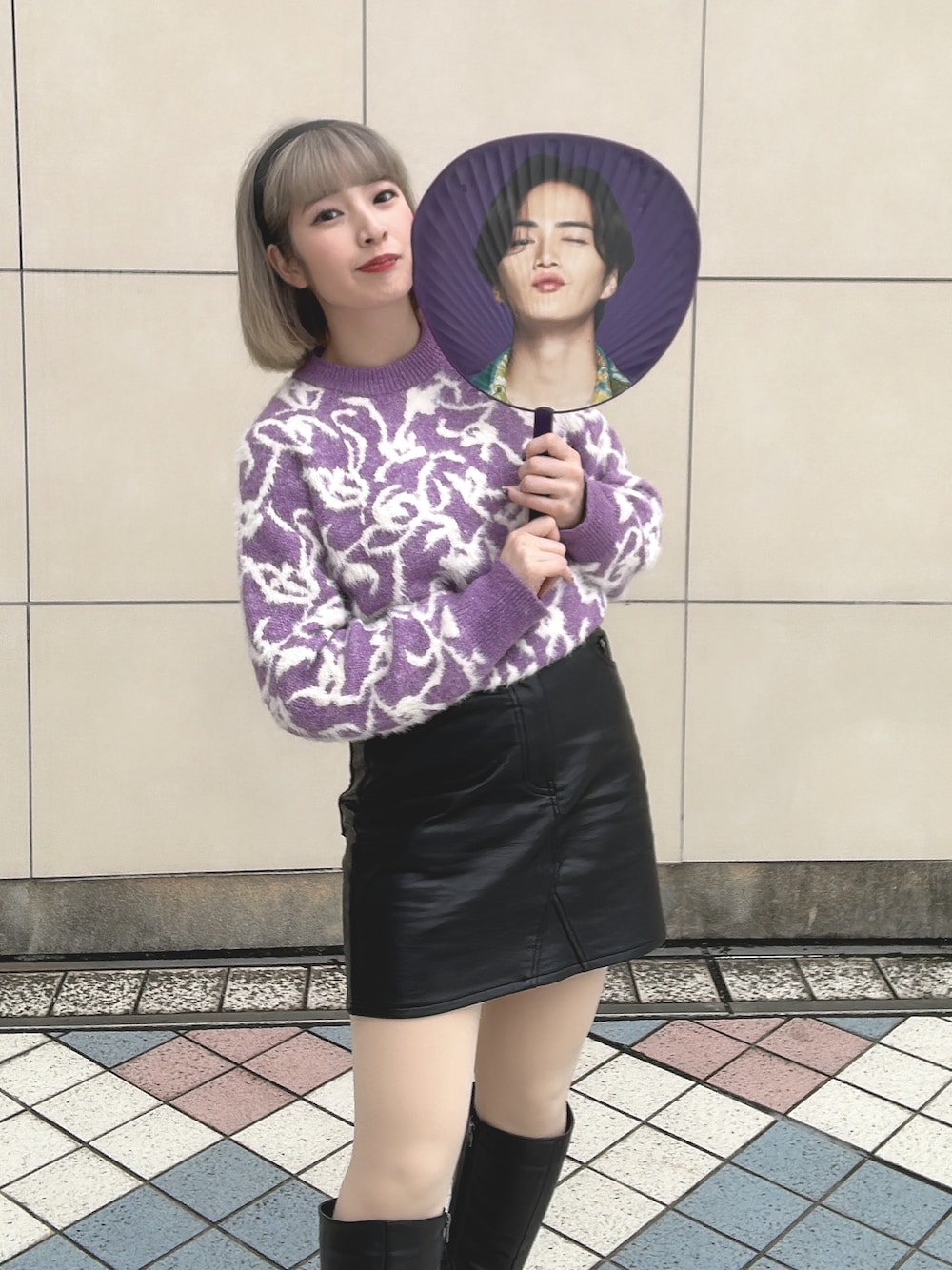 「冬服、お洒落さんとつながりたい、ブーツスタイル、秋冬コーデ、カラーコーデ、ラメニット、カチューシャ、snidel、Lily Brown、Chico、ハイトーンカラー、ハイトーンボブ」｜「LILY BROWNのバリエーションジャガードフェザーニット（ニット/セーター、パープル系）」を使った、ﾍﾞﾆ🍓さん（レディース・148cm）の冬コーディネートの1枚目の写真