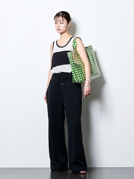 「CITYSHOP（シティーショップ）のDOUBLE WAIST JERSEY パンツ（その他パンツ、ブラック系）」を使った、KAMEYAMAさん（レディース・168cm）の春コーディネート