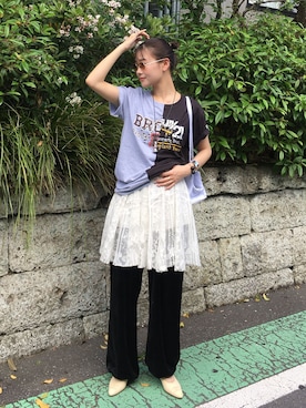 「CITYSHOP（シティーショップ）のVELVET EASY パンツ（その他パンツ、ブラック系）」を使った、KAMEYAMAさん（レディース・168cm）の春コーディネート