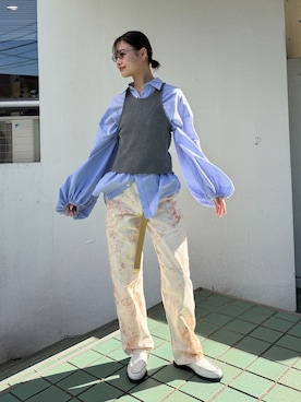 「CITYSHOP（シティーショップ）の《追加2》BALLOON CUFF シャツ（シャツ/ブラウス、ブルー系）」を使った、KAMEYAMAさん（レディース・168cm）の春コーディネート