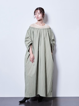 「CITYSHOP（シティーショップ）のGATHER SLEEVE DRESS：ワンピース（ワンピース、ベージュ系）」を使った、KAMEYAMAさん（レディース・168cm）の夏コーディネート