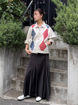 「KURO（クロ）のKURO ARGYLE SASHIKO DENIM JACKET 964242：デニムジャケット（デニムジャケット、ホワイト系）」を使った、KAMEYAMAさん（レディース・168cm）の春コーディネート