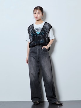 「Lee（リー）のLEE 別注 PAINTER PANTS：デニムパンツ（デニムパンツ、ブラック系）」を使った、KAMEYAMAさん（レディース・168cm）の夏コーディネート